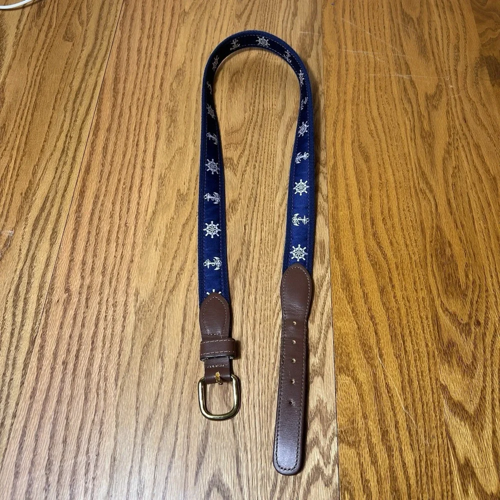 Men's Navy Blue Nautical Anchor Wheel Belt size 38 Preppy Cruise Brown Leather